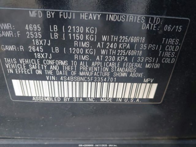 4S4BSBNC5F3354701 Subaru Outback 2.5i Limited