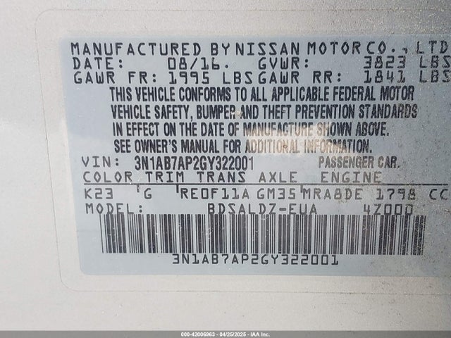 3N1AB7AP2GY322001 Nissan SENTRA SV
