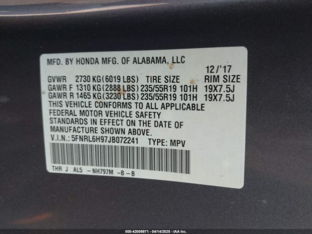 5FNRL6H97JB072241 Honda Odyssey Elite