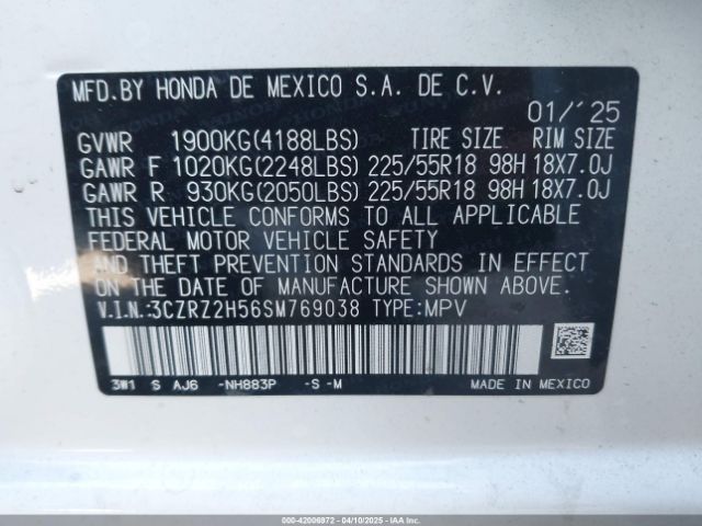 3CZRZ2H56SM769038 Honda Hr-v Awd Sport