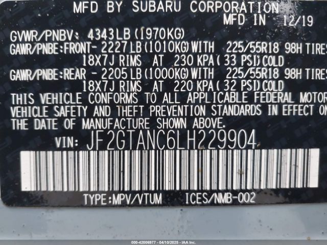 JF2GTANC6LH229904 Subaru Crosstrek Limited
