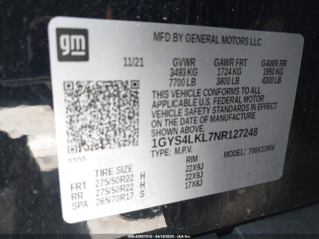 1GYS4LKL7NR127248 Cadillac Escalade Esv Premium Luxury