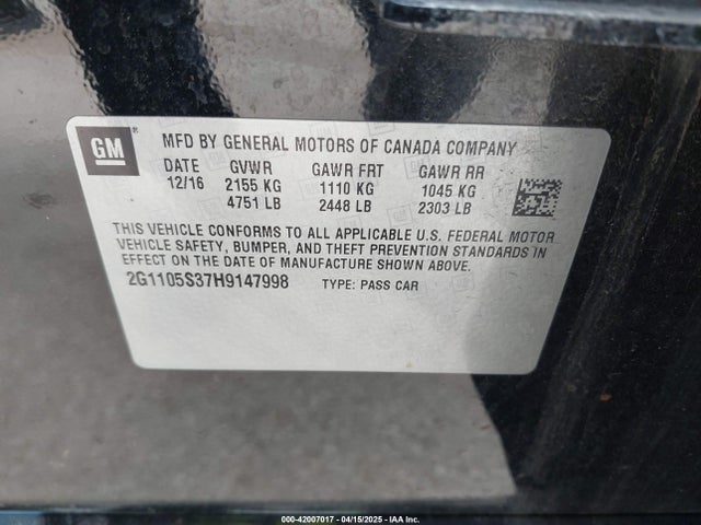 2G1105S37H9147998 Chevrolet IMPALA 1LT