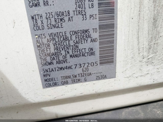 5N1AT2MV4HC737205 Nissan Rogue Sl