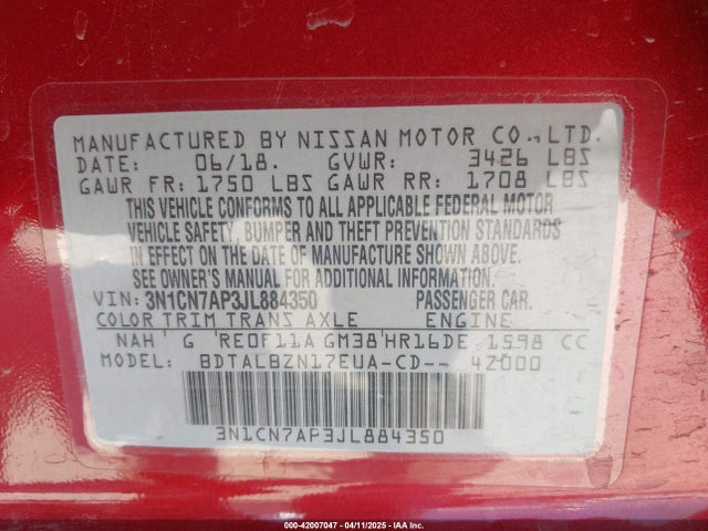 3N1CN7AP3JL884350 Nissan Versa 1.6 Sv