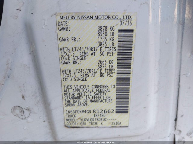 1N6BF0KM4GN812662 Nissan Nv Cargo Nv1500 S V6