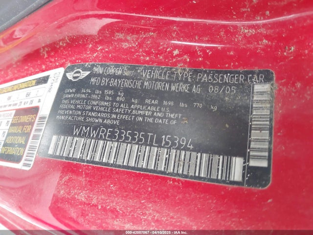 2005 MINI COOPER S WMWRE33535TL15394 Photo 8