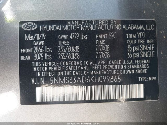 5NMS33AD6KH099865 Hyundai Santa Fe Sel Plus