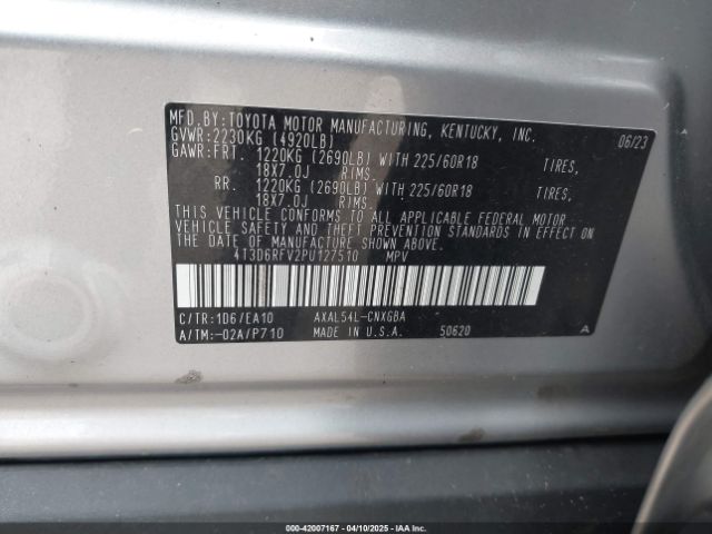 4T3D6RFV2PU127510 Toyota Rav4 Hybrid Limited