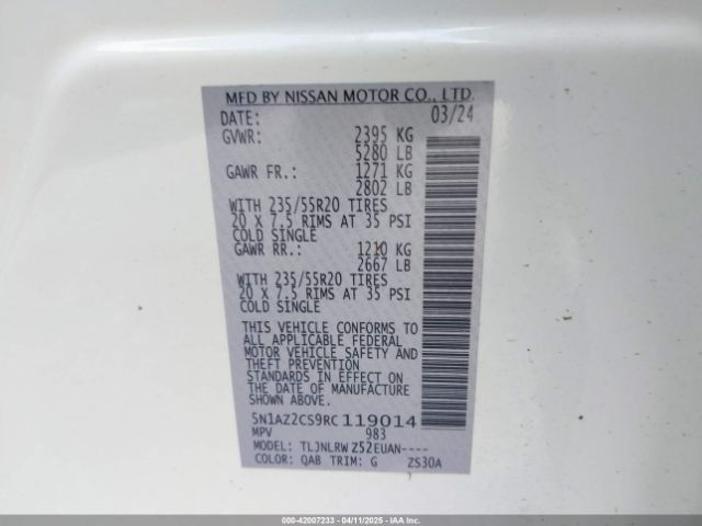 5N1AZ2CS9RC119014 Nissan Murano Sl Intelligent Awd