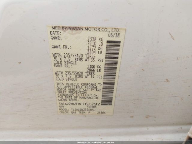 5N1AZ2MG9JN167292 Nissan Murano Platinum