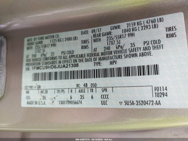 1FMCU9HD6JUA21308 Ford ESCAPE SEL