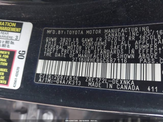 2T1BURHE8GC687116 Toyota Corolla Le Plus