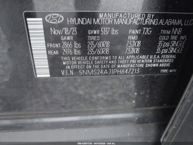 5NMS24AJ1PH647213 Hyundai Santa Fe Sel