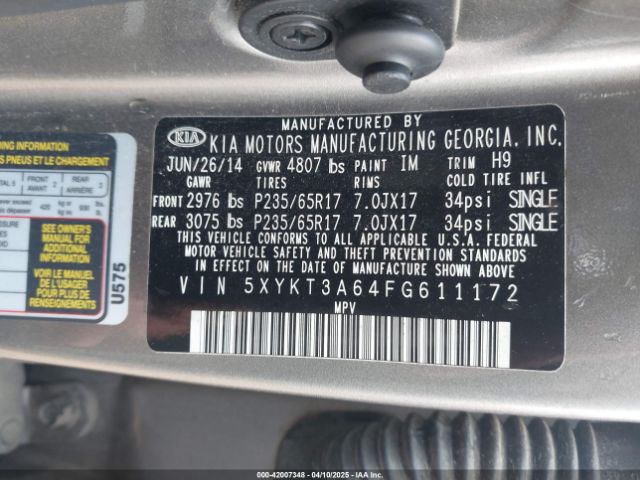 5XYKT3A64FG611172 KIA SORENTO LX