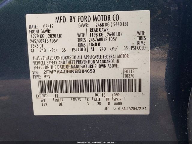 2019 FORD EDGE 2FMPK4J96KBB84659 Photo 8