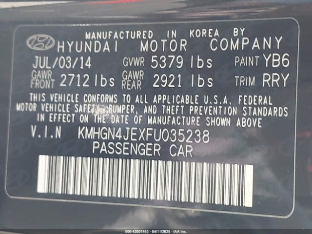 KMHGN4JEXFU035238 Hyundai Genesis 3.8