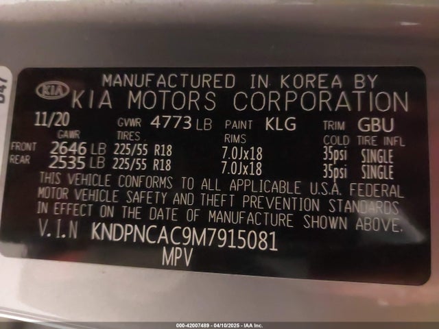 KNDPNCAC9M7915081 KIA Sportage Ex