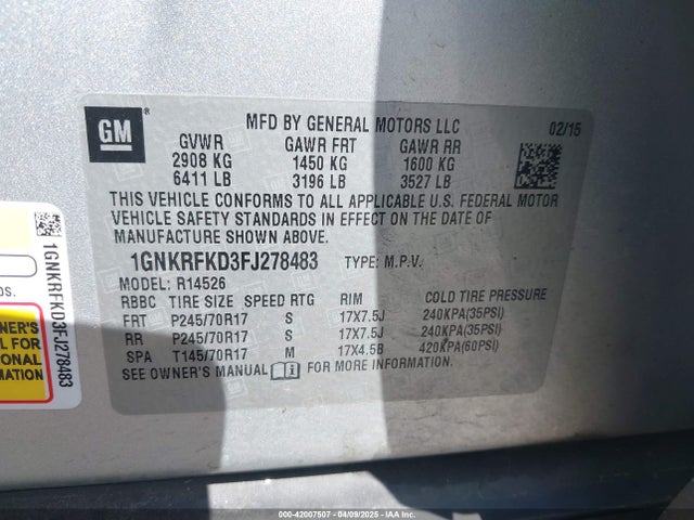 Chevrolet Traverse Ls 2015 1GNKRFKD3FJ278483 Image 9