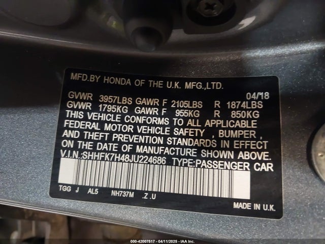 SHHFK7H48JU224686 Honda Civic Sport
