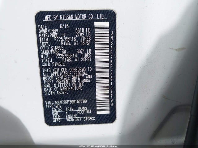 JN8AE2KP3G9157799 Nissan Quest Sv