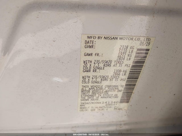 5N1AZ2MJ0KN141340 Nissan MURANO SL