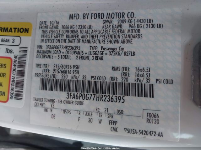 3FA6P0G77HR236395 Ford FUSION S