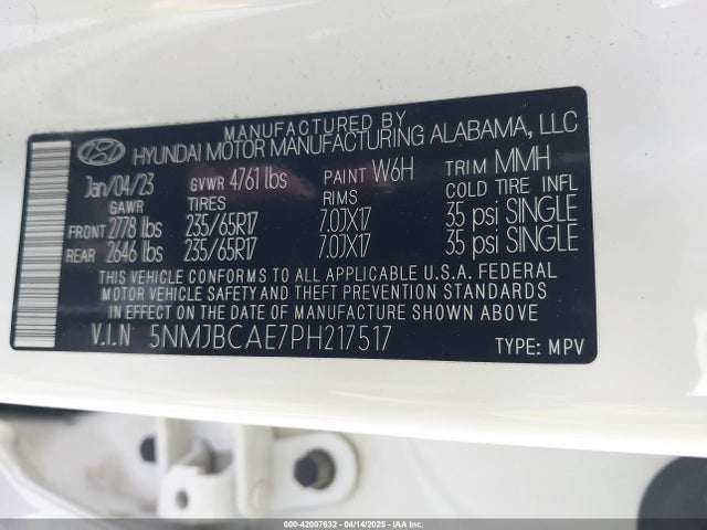 5NMJBCAE7PH217517 Hyundai TUCSON SEL