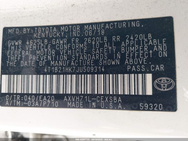 4T1B21HK7JU509314 Toyota Camry Hybrid Se