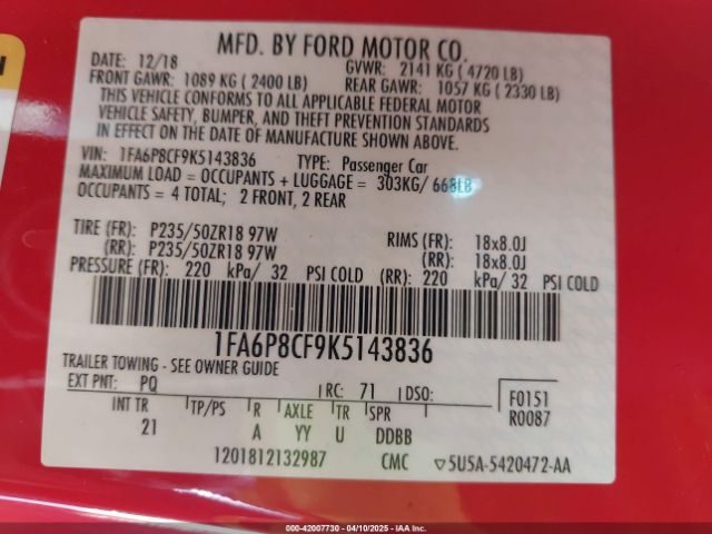 2019 FORD MUSTANG 1FA6P8CF9K5143836 Photo 8