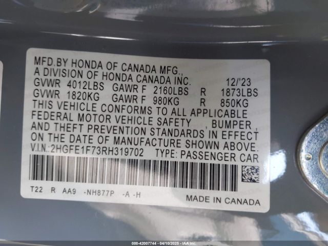 2HGFE1F73RH319702 Honda CIVIC EX