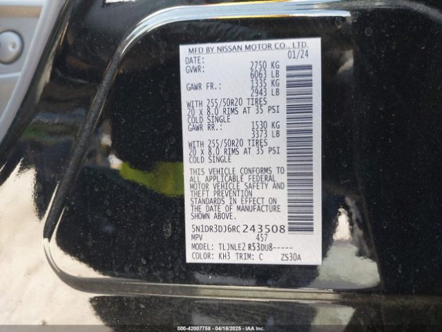 5N1DR3DJ6RC243508 Nissan Pathfinder Platinum 4wd