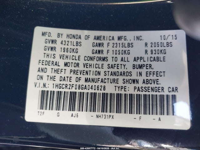 1HGCR2F08GA040628 Honda ACCORD EX