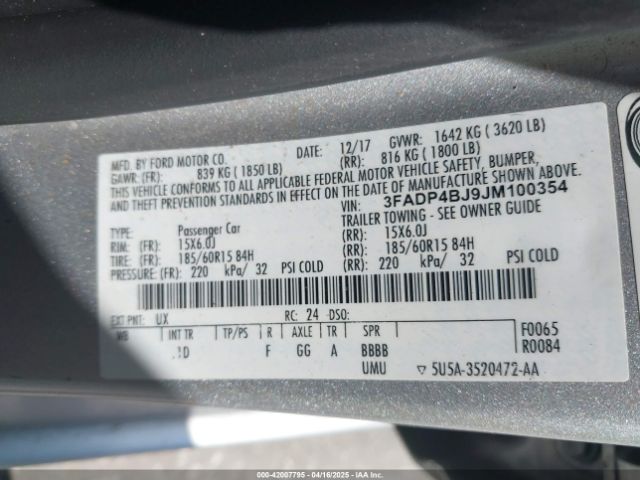 3FADP4BJ9JM100354 Ford FIESTA SE