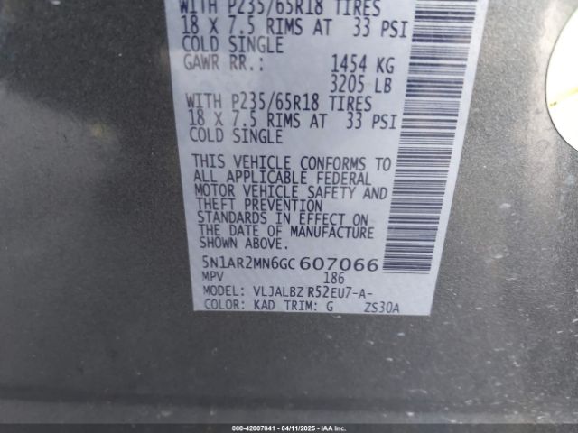 5N1AR2MN6GC607066 Nissan Pathfinder Platinum/s/sl/sv