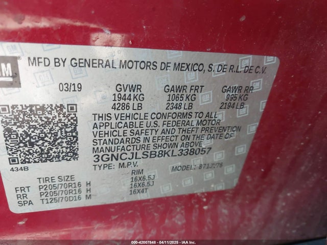 3GNCJLSB8KL338057 Chevrolet Trax Lt