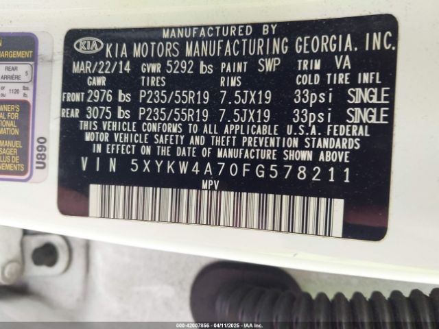 5XYKW4A70FG578211 KIA Sorento Sx V6