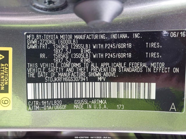 5TDJKRFH6GS307941 Toyota Highlander Xle V6