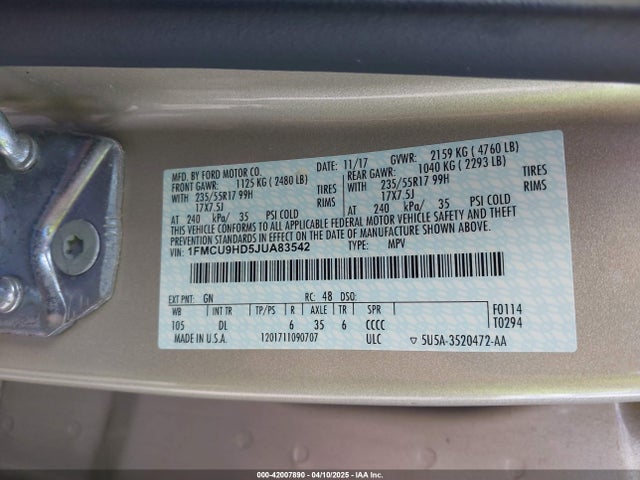1FMCU9HD5JUA83542 Ford ESCAPE SEL