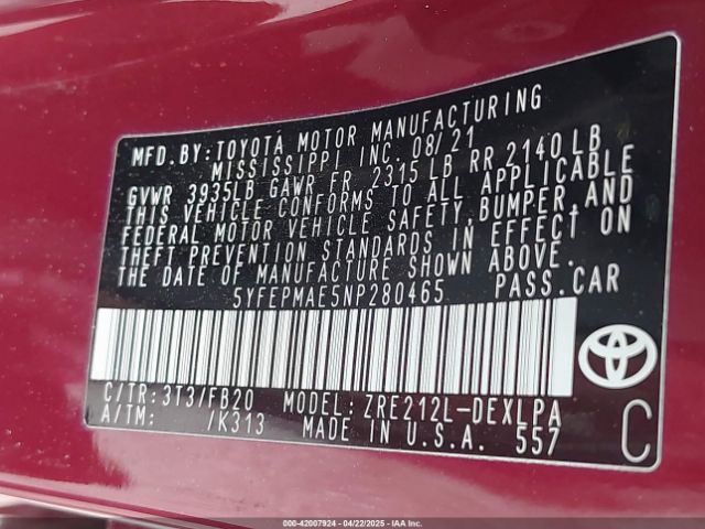 5YFEPMAE5NP280465 Toyota COROLLA LE
