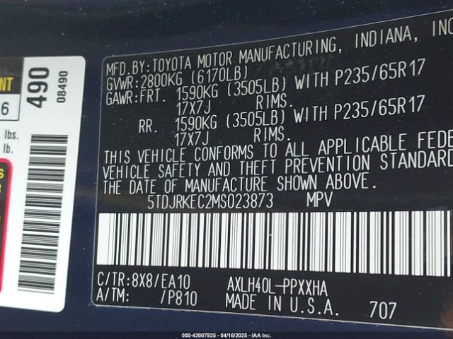 5TDJRKEC2MS023873 Toyota SIENNA XLE