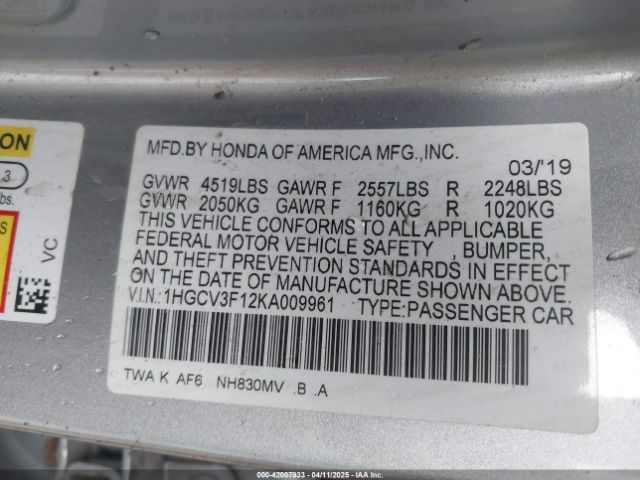 1HGCV3F12KA009961 Honda ACCORD HYBRID