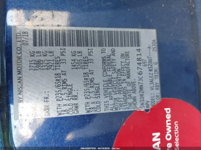 5N1DR2MN7JC674814 Nissan Pathfinder Sv
