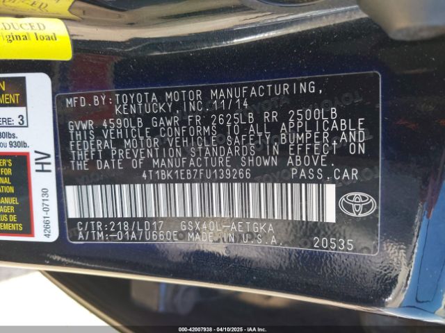4T1BK1EB7FU139266 Toyota AVALON XLE