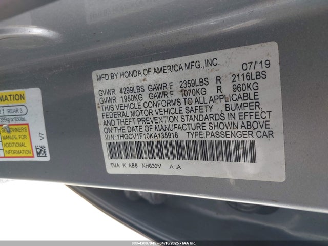 1HGCV1F10KA135918 Honda l15be