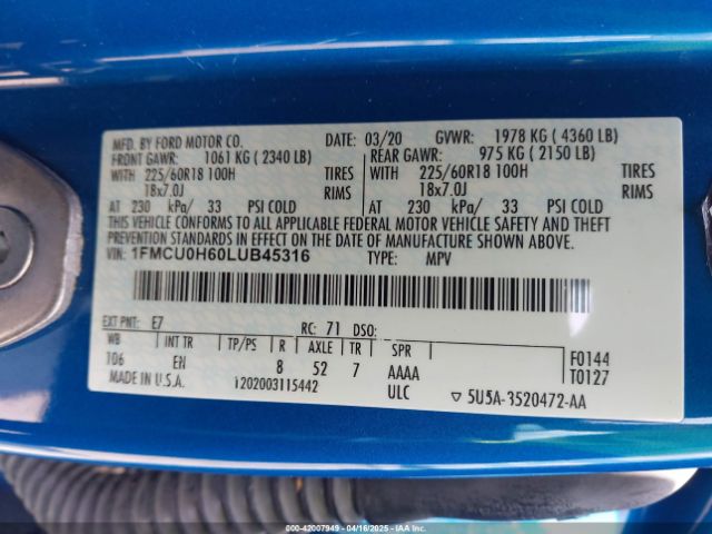 1FMCU0H60LUB45316 Ford ESCAPE SEL