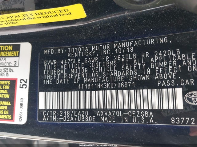 4T1B11HK3KU706971 Toyota CAMRY SE