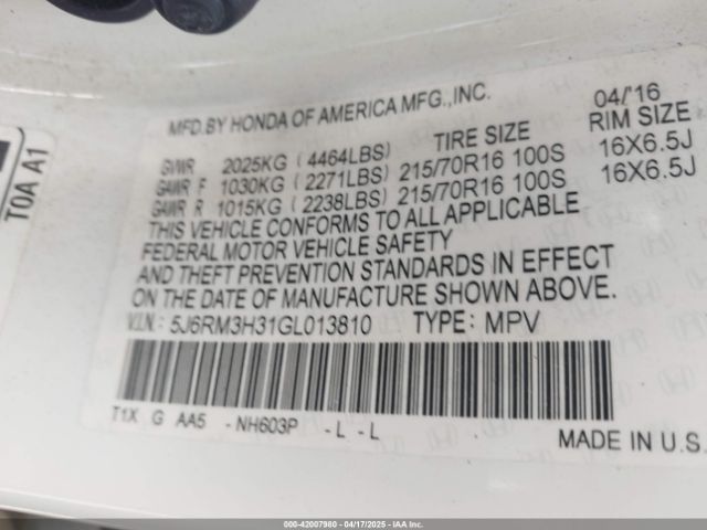 5J6RM3H31GL013810 Honda CR-V LX