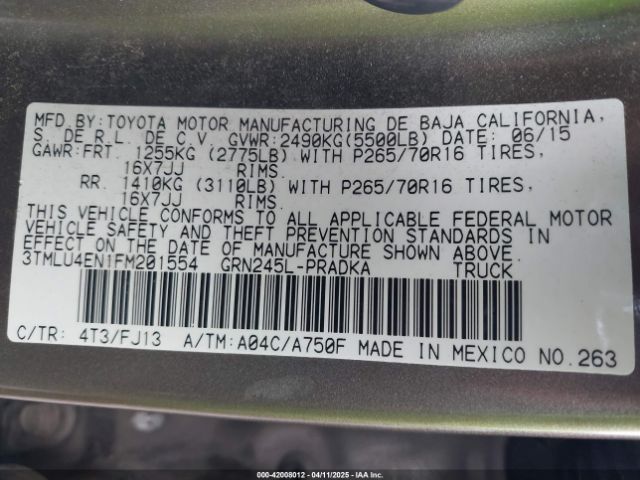 3TMLU4EN1FM201554 Toyota Tacoma Base V6