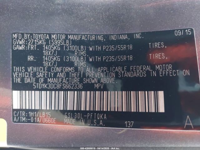 5TDYK3DC8FS662336 Toyota Sienna Limited Premium 7 Passenger